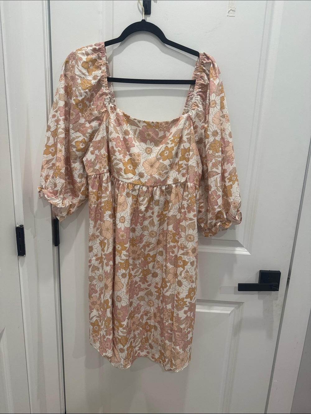 Floral Puff Sleeve Babydoll Dress in Pink & Mustard